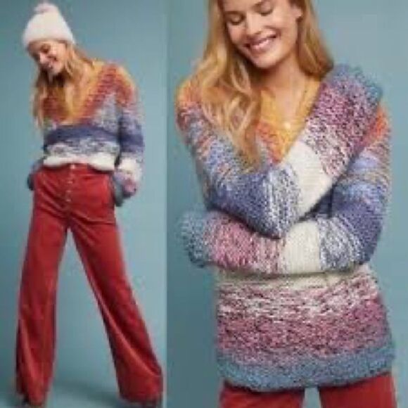 Anthropologie Sleeping on Snow Rainbow Chunky Knit Pullover Shawl Collar Sweater - Picture 2 of 9